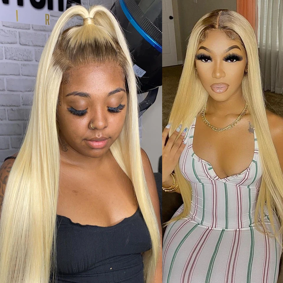 

Black Roots Blonde Human Hair Wigs Straight 13x4 13x6 Lace Front Wig Pre Plucked Colored 613 Hair Wig For Women With Dark Roots