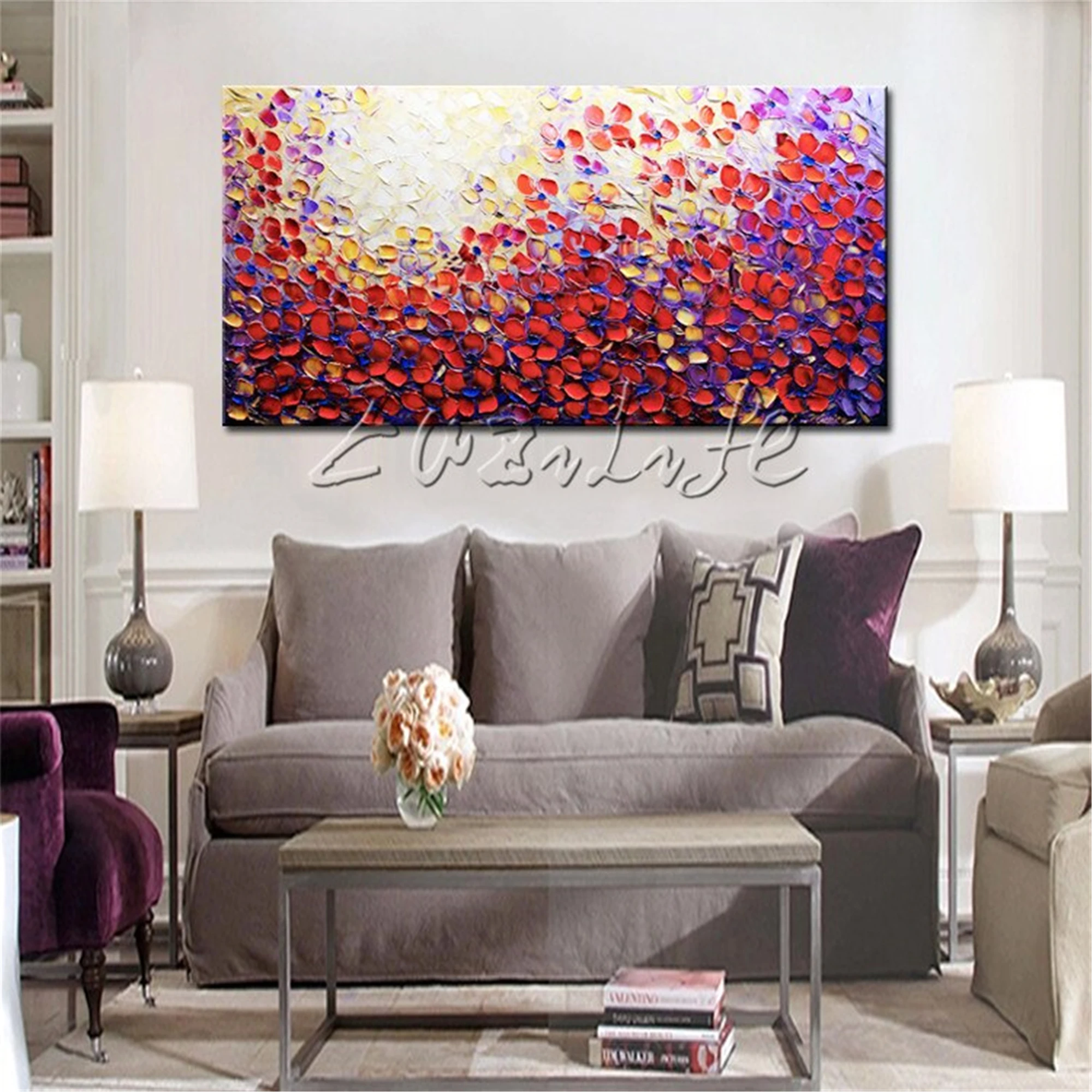 Hand Painted Palette Knife Flowers Oil Painting Wall Art Canvas Picture Modern Abstract Home Decor Living Room  Purple Flowers