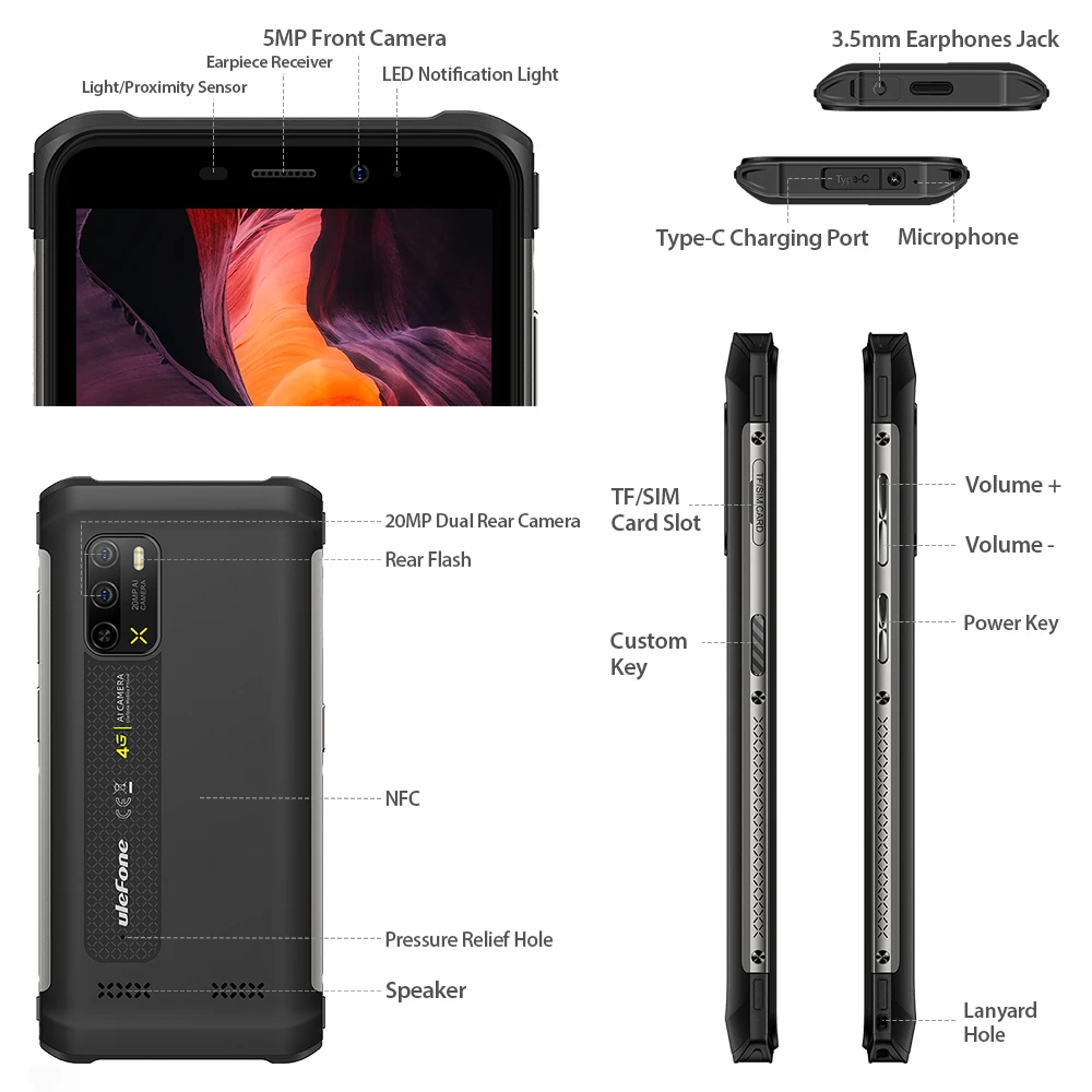 Ulefone Armor X10 Pro ，Защищенный смартфон，64 ГБ ПЗУ， Водонепроницаемый смартфон ，5180 мАч Телефон ，5,45 "Android 12 Телефон ，NFC 13MP 2,4 G / 5G WLAN