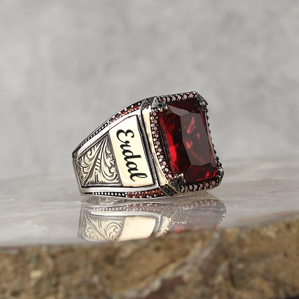 925K Stainless Sterling Ring, Red Zircon Stone With Name Written Personalized Jewelry For Man Handmade Gift Vintage Accessory