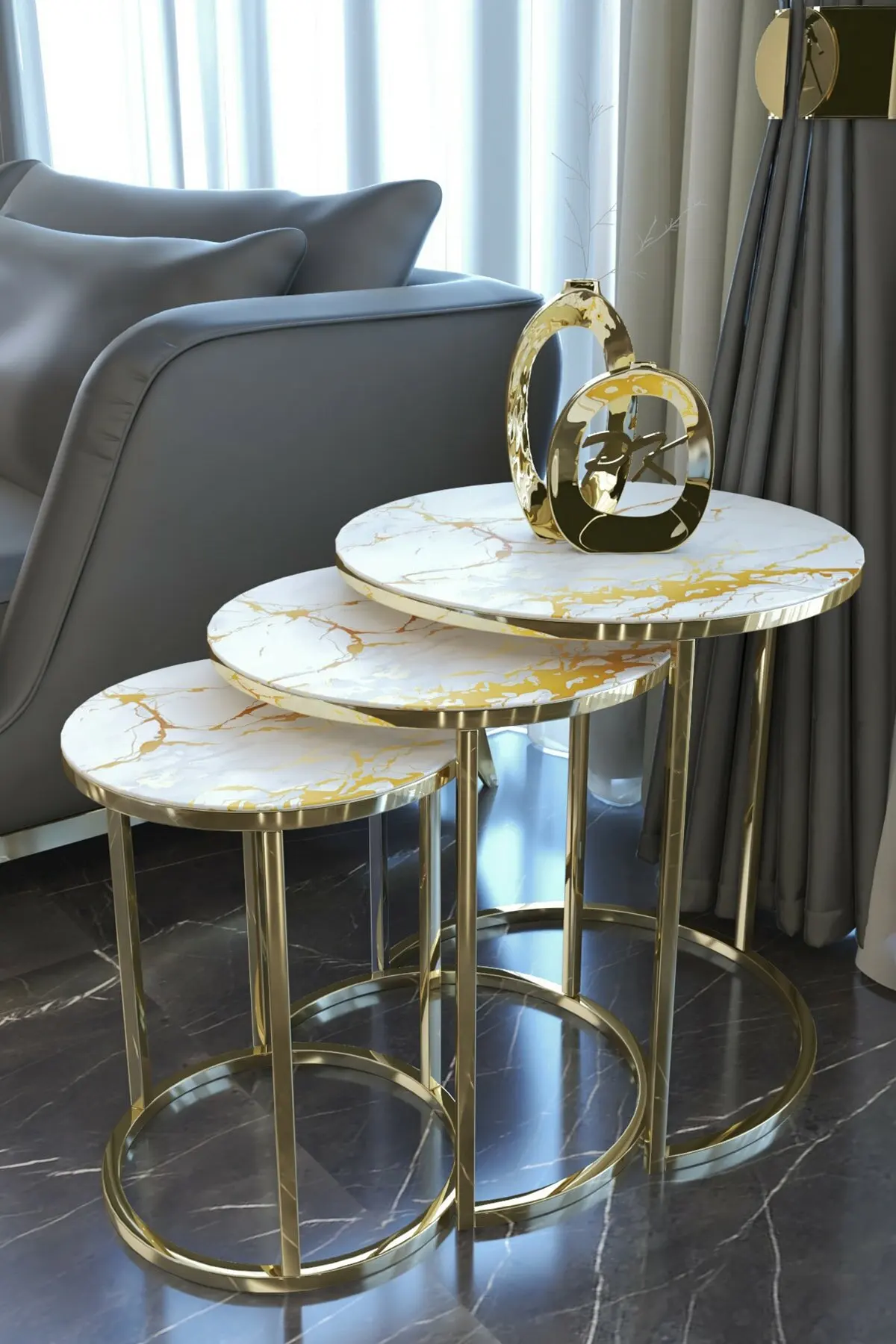 Home Decor 3 Part Gold Zigon Coffee Table (Bronze Mirror) the Production And Quality Of Turkish Coffee Table Height (58-54-50cm) Stylish Design