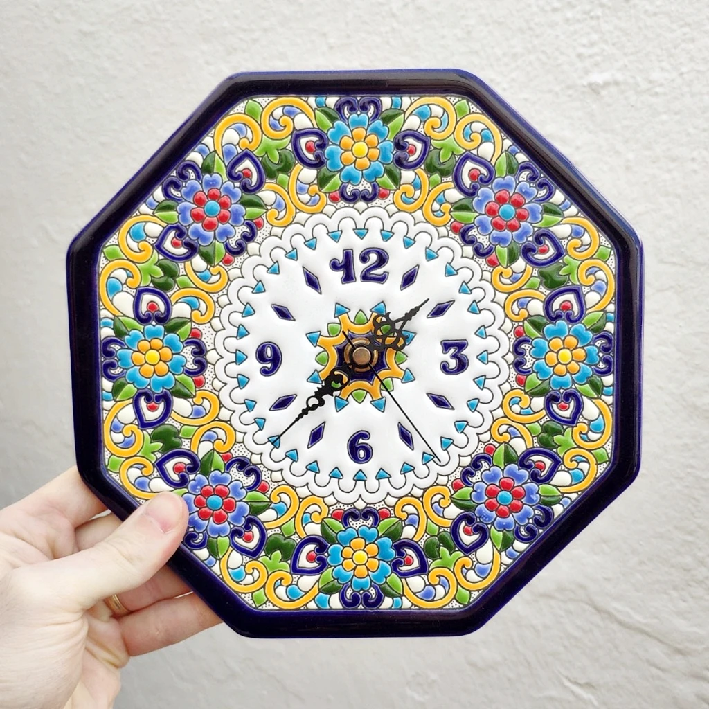 Octagonal Clock ceramics Spanish 23 cm. /9 inches diameter - Glazed up handmade - Spanish - ARTECER - Home & Decoration -