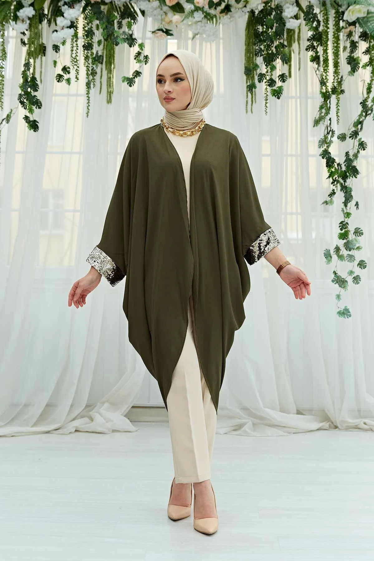 Damen Pailletten Pailletten Kimono outfit für Muslimische Frauen Blau Strickjacke İslamic Muslimischen Turkiye