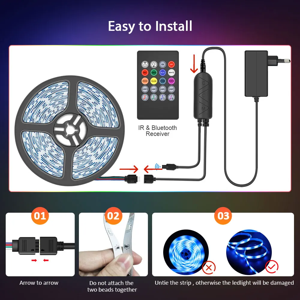 Led Strip Lights,Bluetooth App Control  RGB LED Light Strip with 44 Keys IR Remote for Room decor, Party,Karaoke Neon light