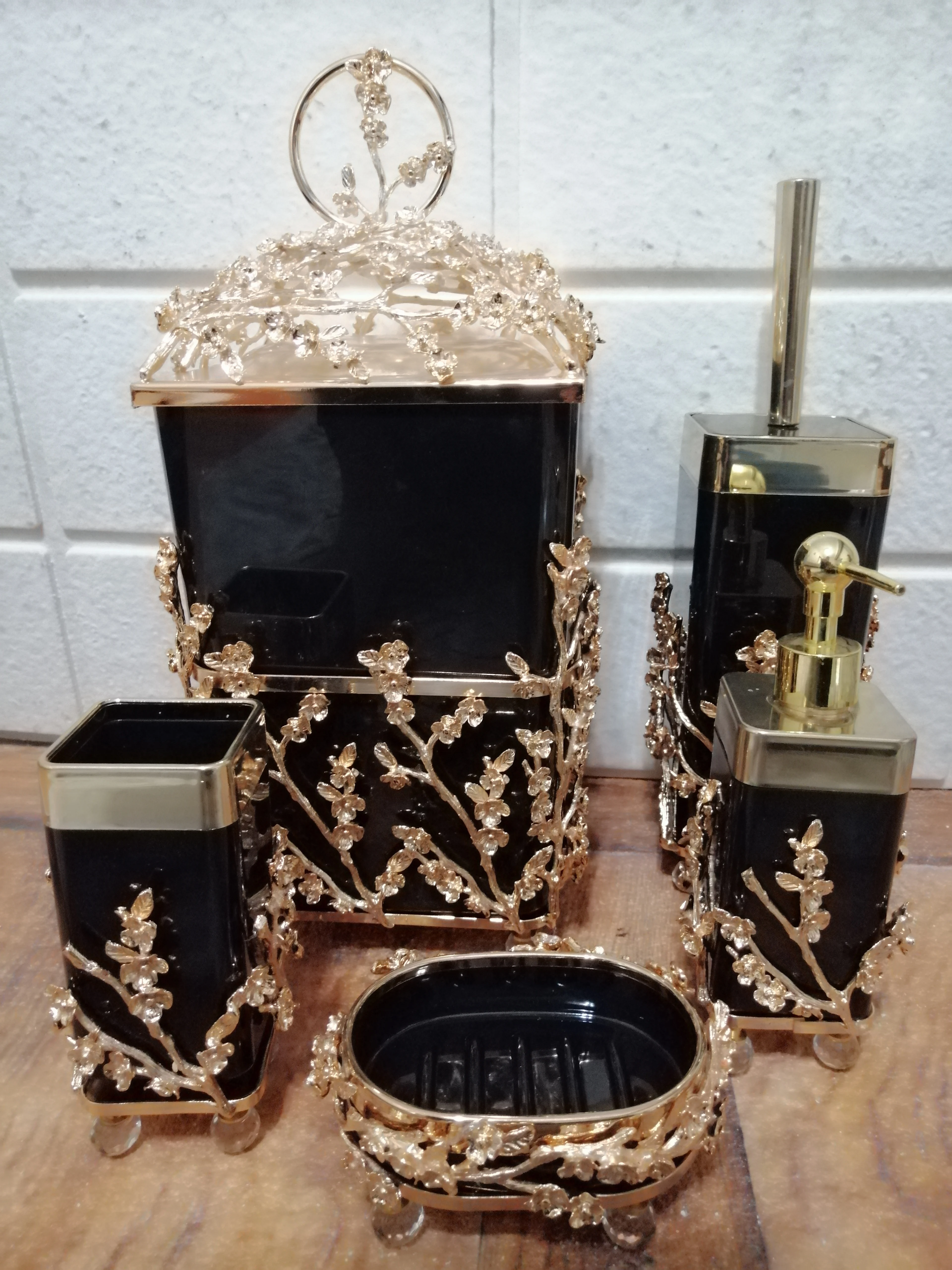 Bathroom Set Dustbin Brush Holder Soap Dispenser 5 Pcs Bathroom Set Brass Cast Gold Elegance