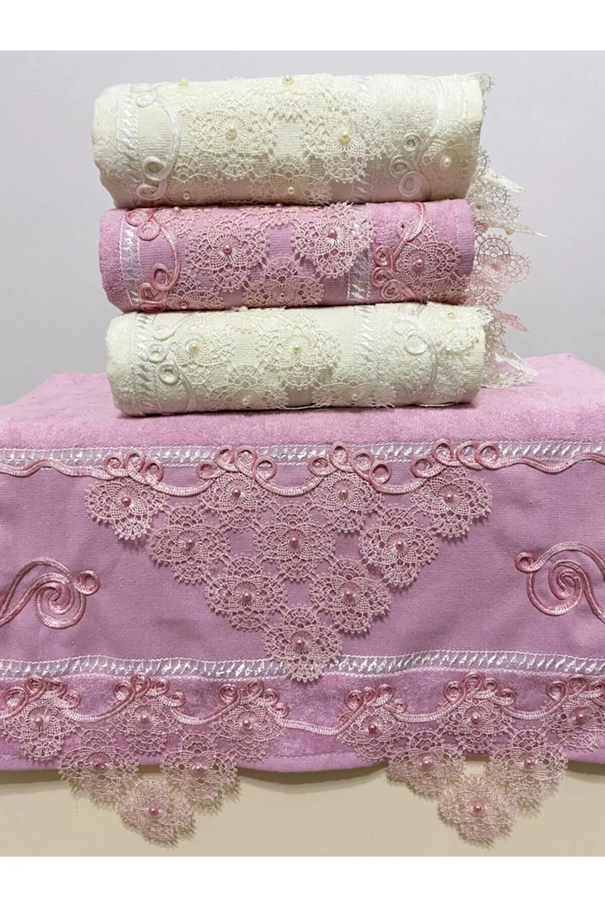 50x90cm 4 Pieces 100% Cotton Velvet Needle Lace Lace Pattern Face Towel Set For Bathroom and Kitchen Solid Colour White and Pink