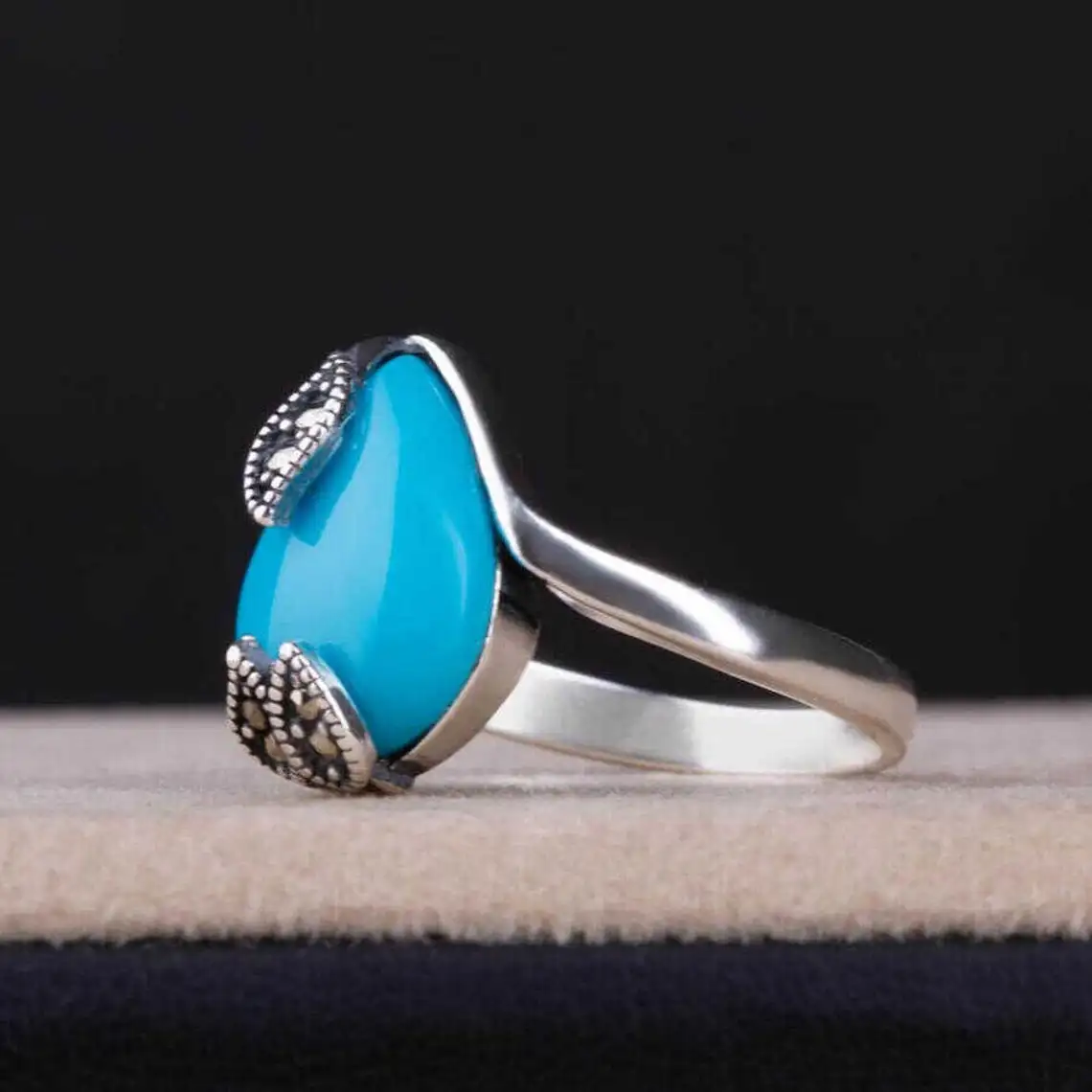 Women Handmade Ring With Drop Blue Turquoise Stone Wedding Anniversary Engagement Gift Silver Jewelry Solid 925 Sterling Silver