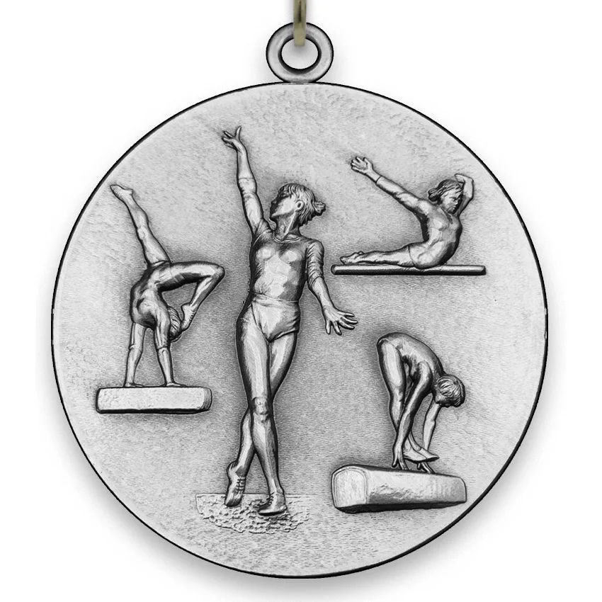 Large Metal Gymnastics Female - Silver Medal - 6,4 cm - with belt size 2,2cm x 80 cm - Choice of Ribbon Colours.