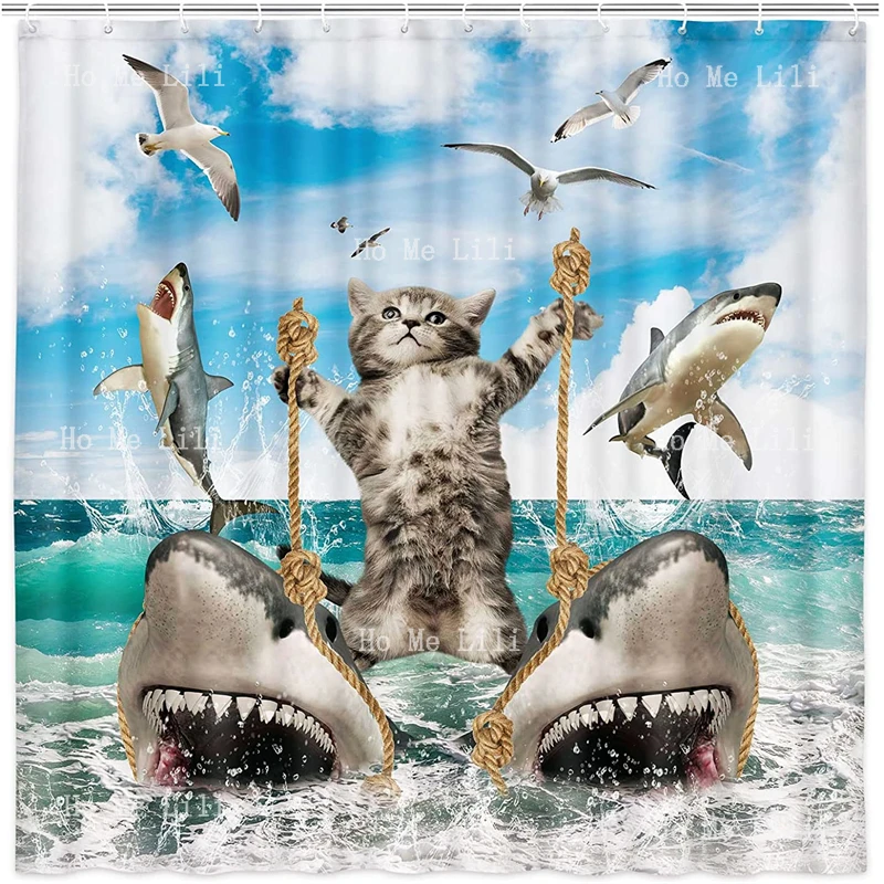 Cool Cat Riding Dinosaur Shark Ocean Sea Blue Universe Fantasy Galaxy Hilarious Shower Curtain Cosmic Fabric Bathtub Decor