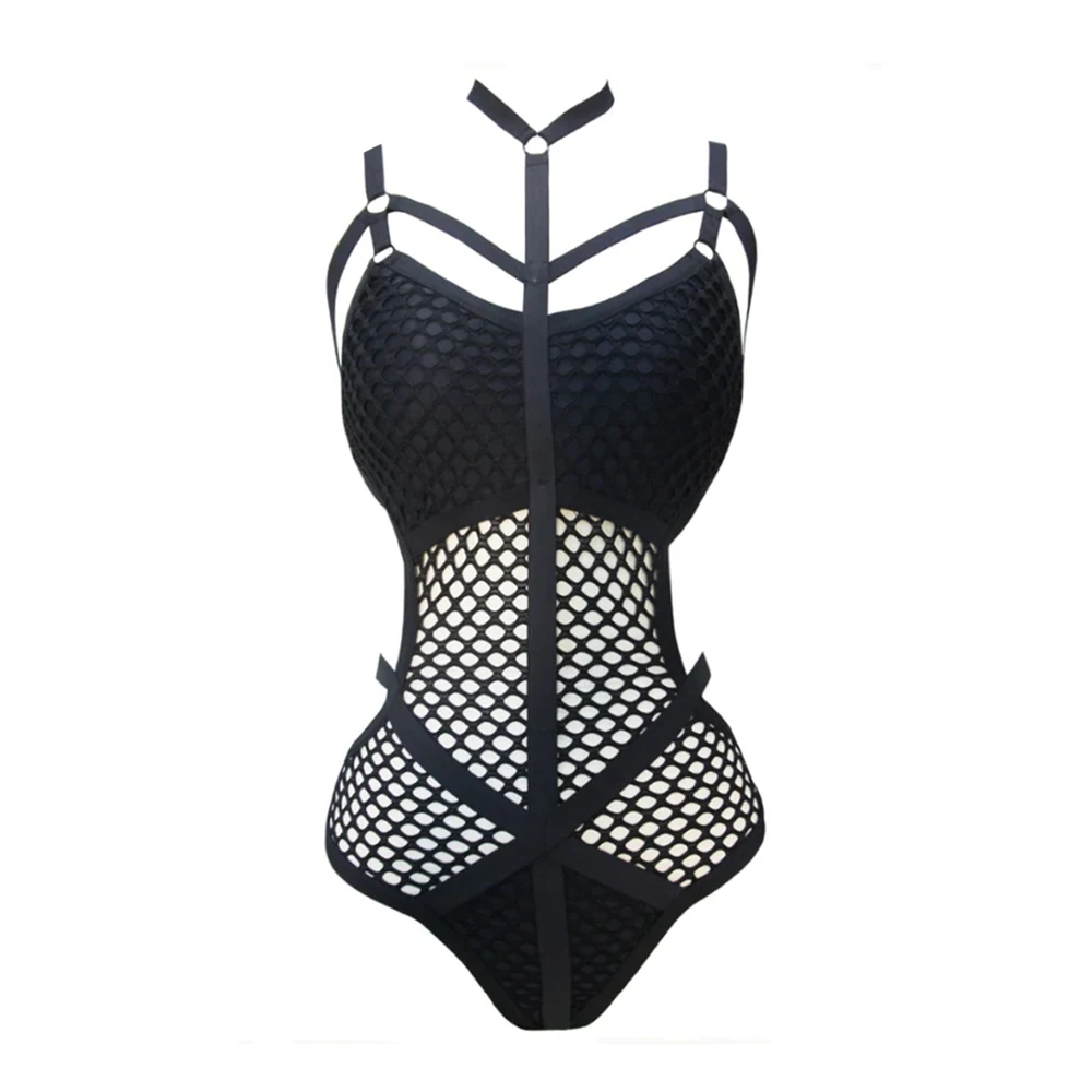 

Lace Strap Mesh See-Through Bodysuit Sexy Fashion Fishnet Swimsuit