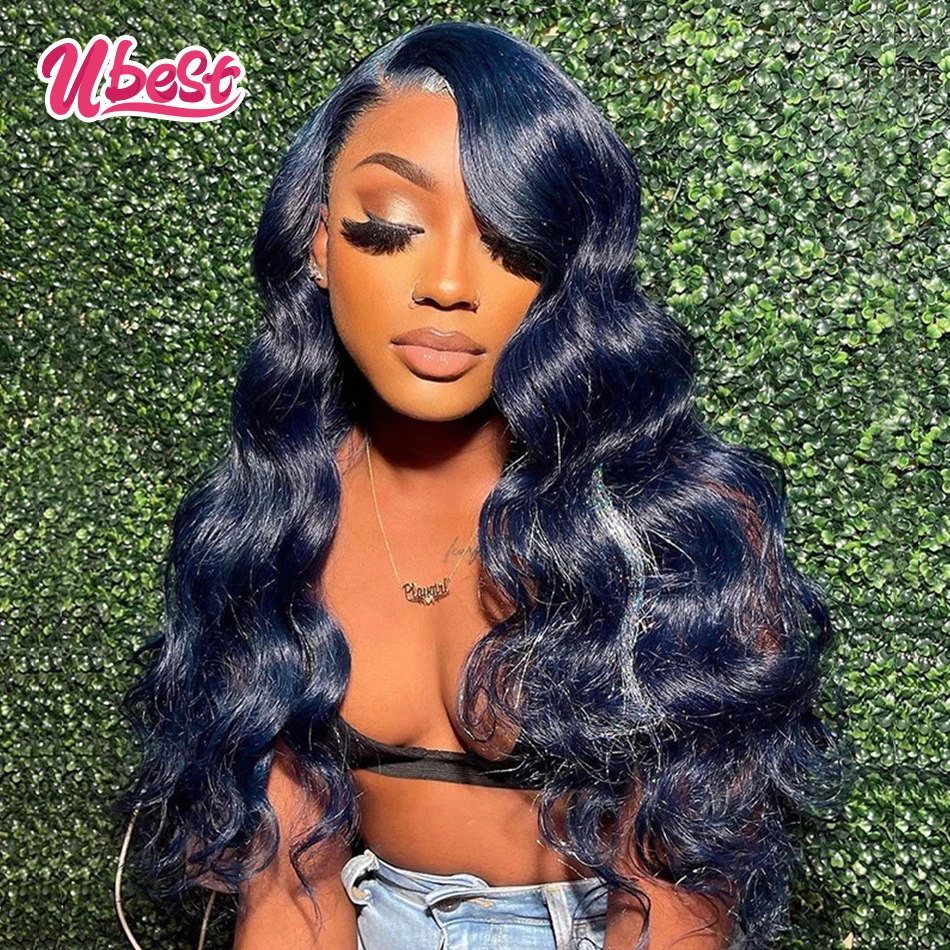 Ubest Dark Blue Wig Human Hair Brazilian Virgin Body Wave Transparent Lace Front Wig 180Density Human Hair Wigs Pre Plucked Remy