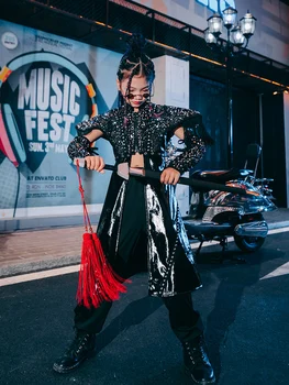 ZZL موضة الفتيات المنصة أداء الملابس K-pop المرحلة وتتسابق 4 قطعة فستان الترتر الأسود الجاز الهيب هوب الشارع ملابس رقص