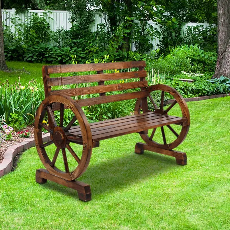 Rustic 2-Person Wooden Wagon Wheel Bench with Slatted Seat and Backrest Brown[US-Stock]