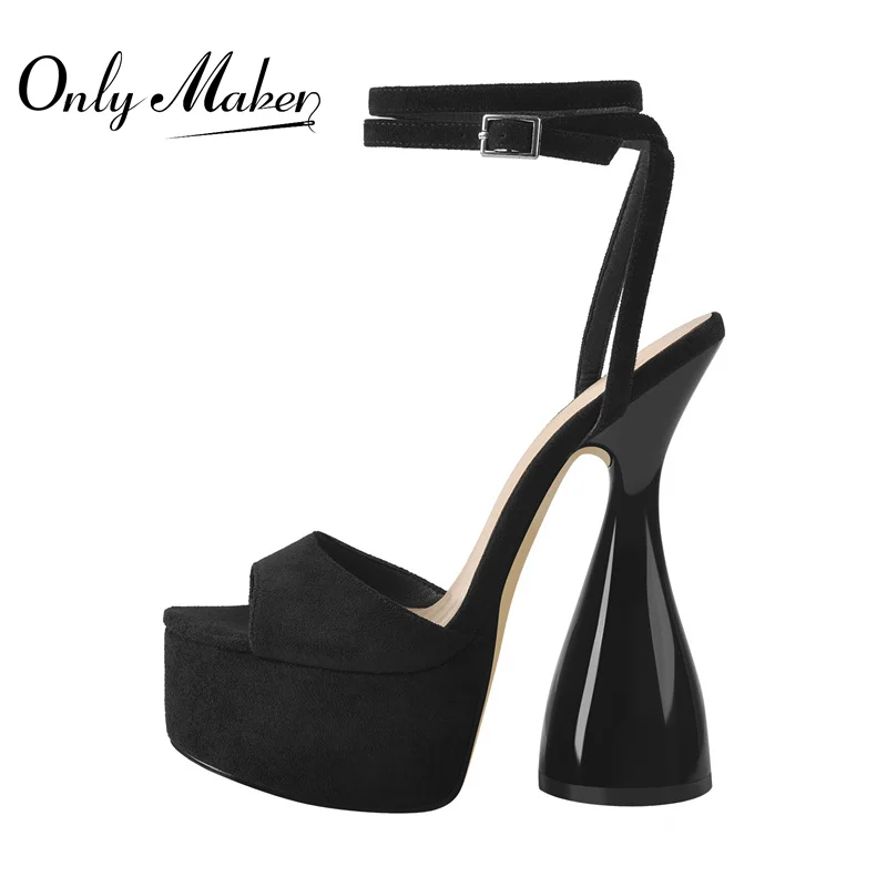 Onlymaker Women Peep Toe Sandals Black Flock Platform Ankle Strap High Heel Shoes Female Big Size Party Dress Sexy Sandals