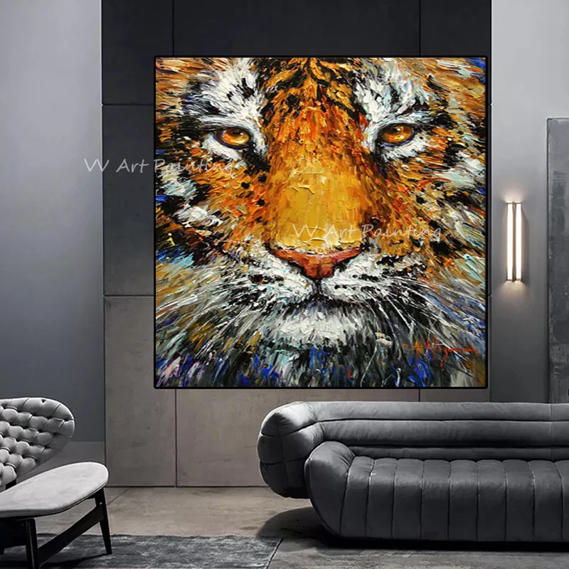 Impasto Palette Knife Tiger Face Oil Painting, Handmade Thick Texture Wildlife Art, Closeup Tiger Portrait Wall Decor