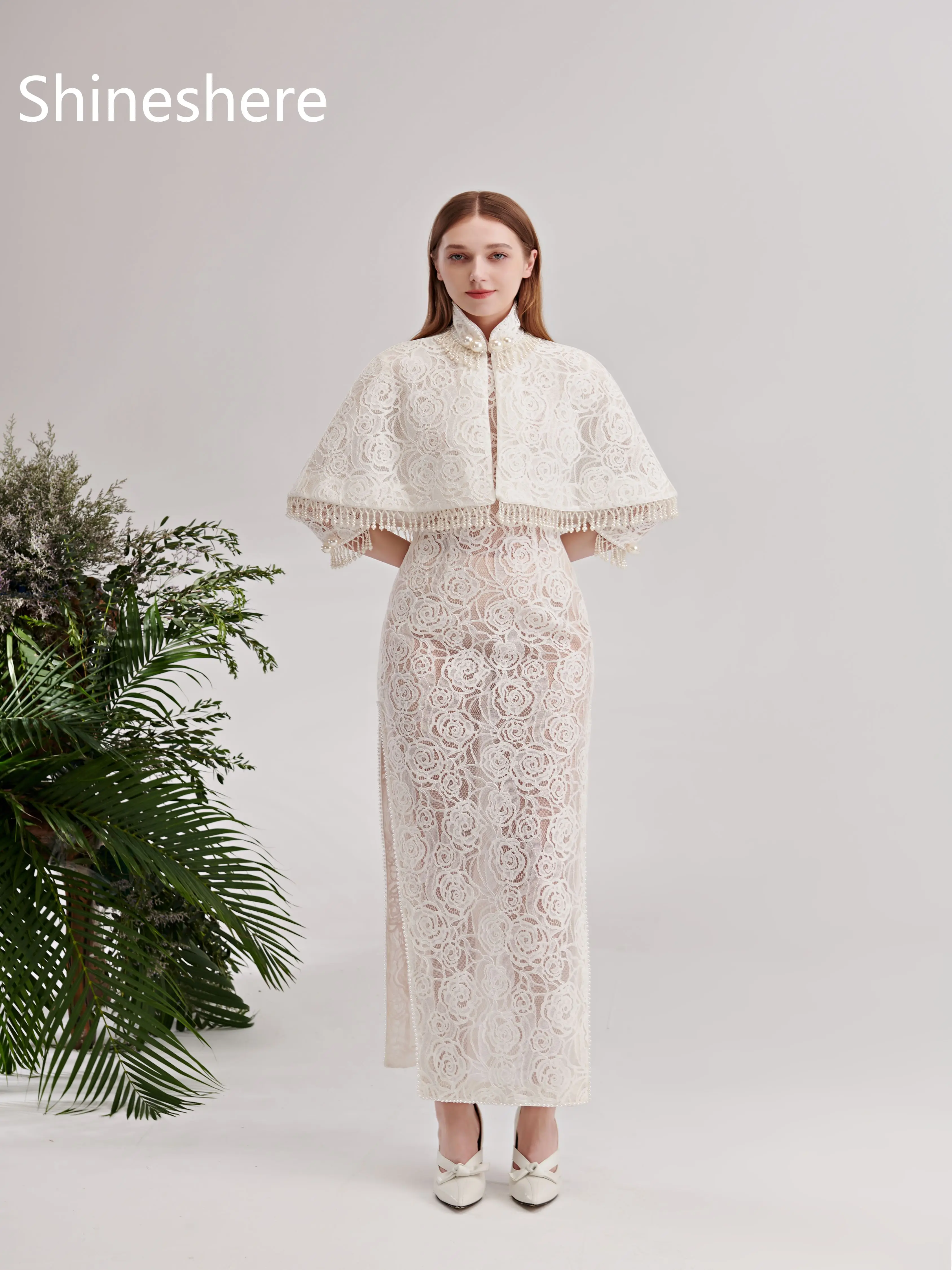 Elegant High Collar Long Sleeves Pearls Lace Sheath Wedding Dress Bridal Gown Detachable Coat