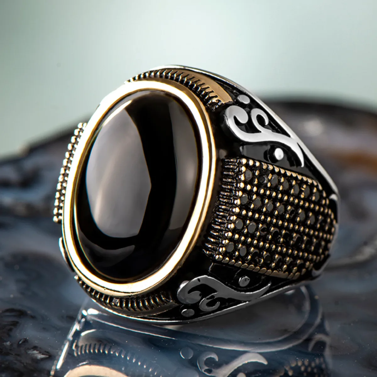 

925 Sterling Silver Oval Black Onyx Stone Men's Ring with Micro Stones Exclusive Ring for Men Special Accessory Made in turkey