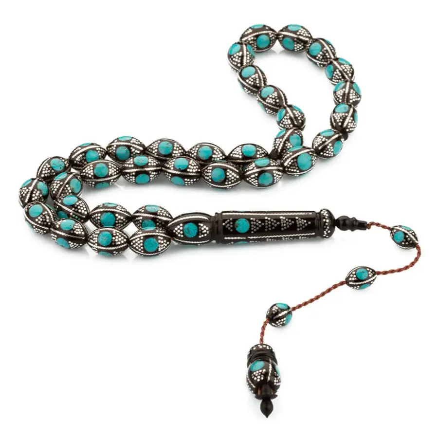 Kuka Rosary Men Barley Cut Rosary With Silver Turquoise Gemstone Embroissed Turkish Tasbih Bead Tassel Made in Turkey