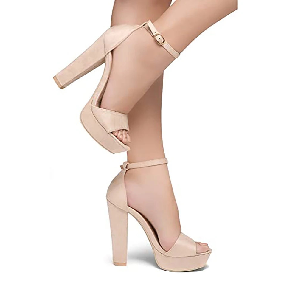 

Beige Suede Platform Sandals Women Chunky Heel Ankle Strap Shoes for Women Dressy High Heel Pumps Shoes Women