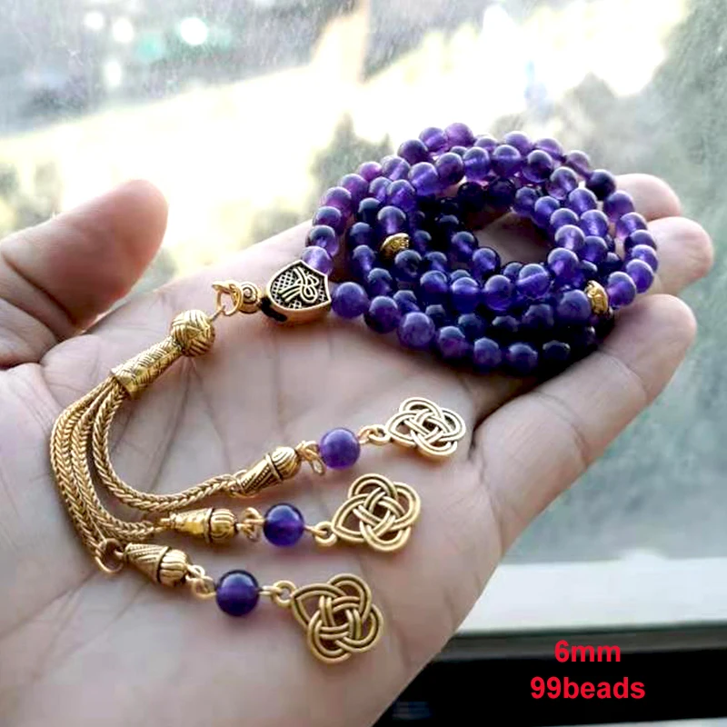 Tasbih 2023 Natural Purple Amethysts 99beads Bracelet Islamic Eid Gift Gold Tassel for Women Rosary Bead Muslim Turkish  Jewelry