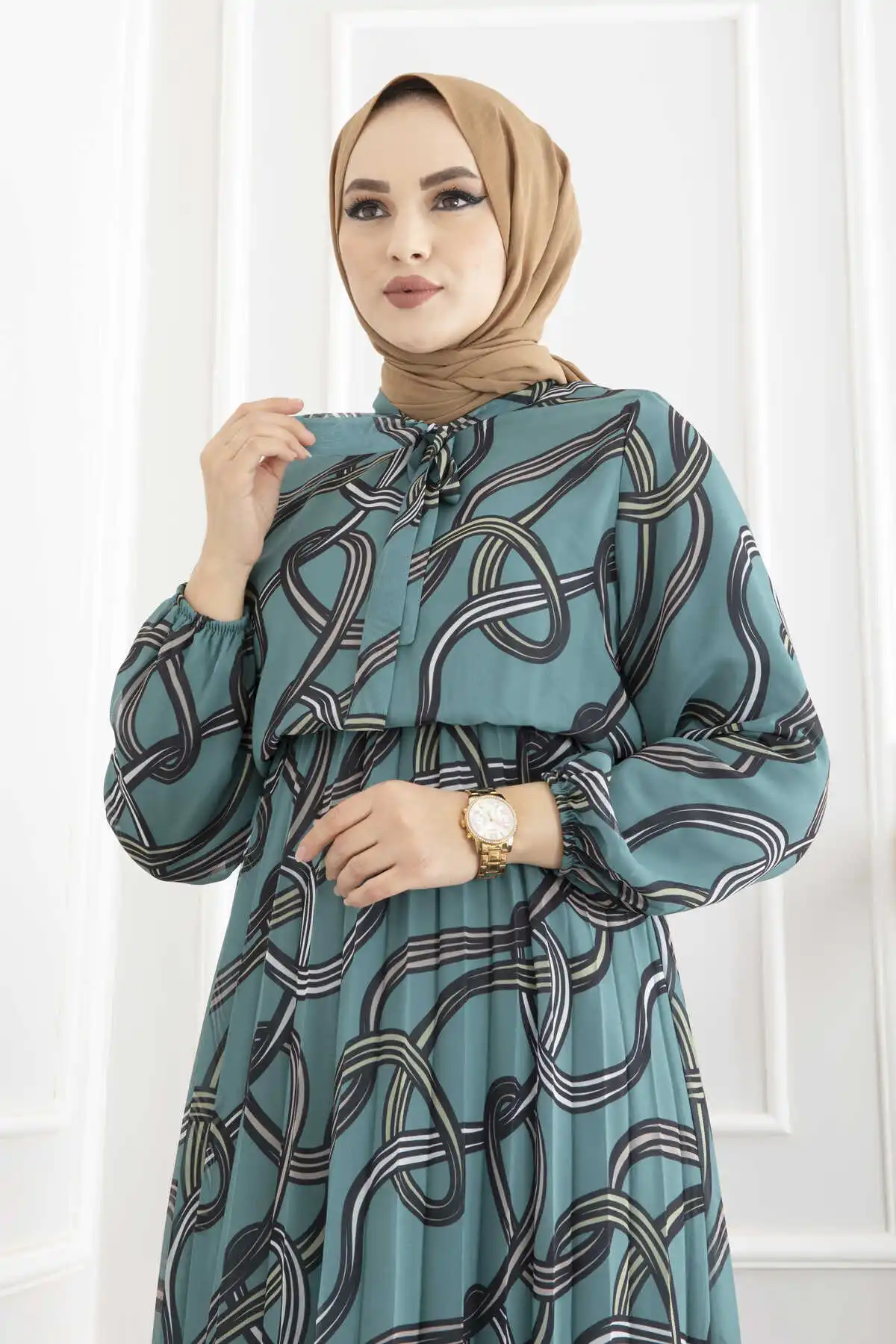 Women Patterned Pleated Hijab Dress Ramadan Abaya Turkey Muslim Clothing 2022 Summer Blouse Long Pants Sleeve Shirt Belted Big