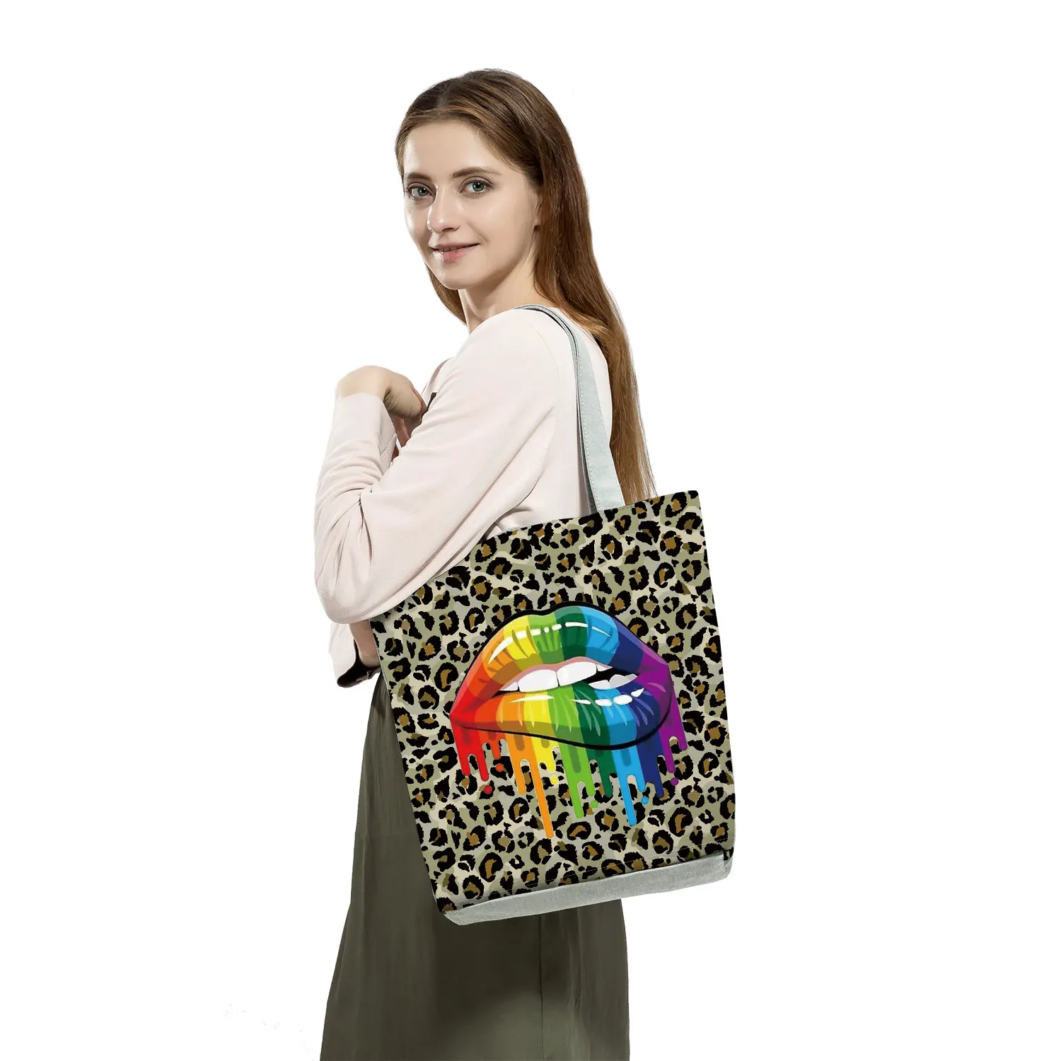 

Leopard Lips Print Handbags Casual Beach Tote High Capacity Eco Reusable Shopping Bag Foldable Women Shoulder Bag Custom Pattern