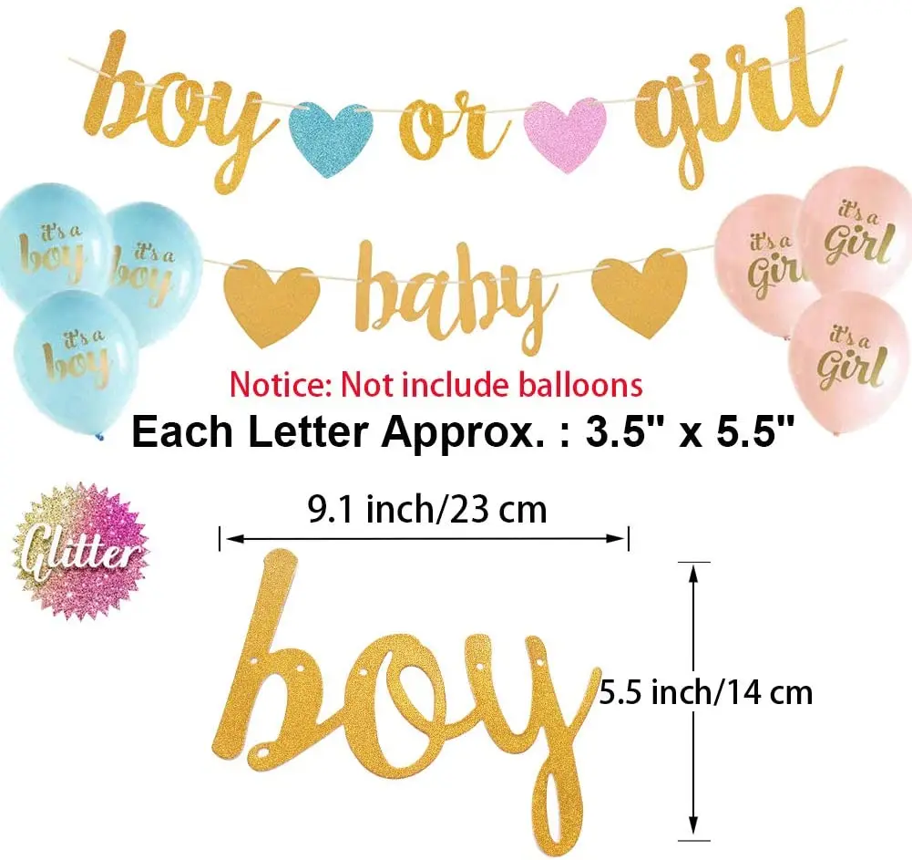 Boy Or Girl Banner with Baby Shower Party Decorations Gender Reveal Hung Bunting Pregnancy Announcement Gold Glitter Supplies