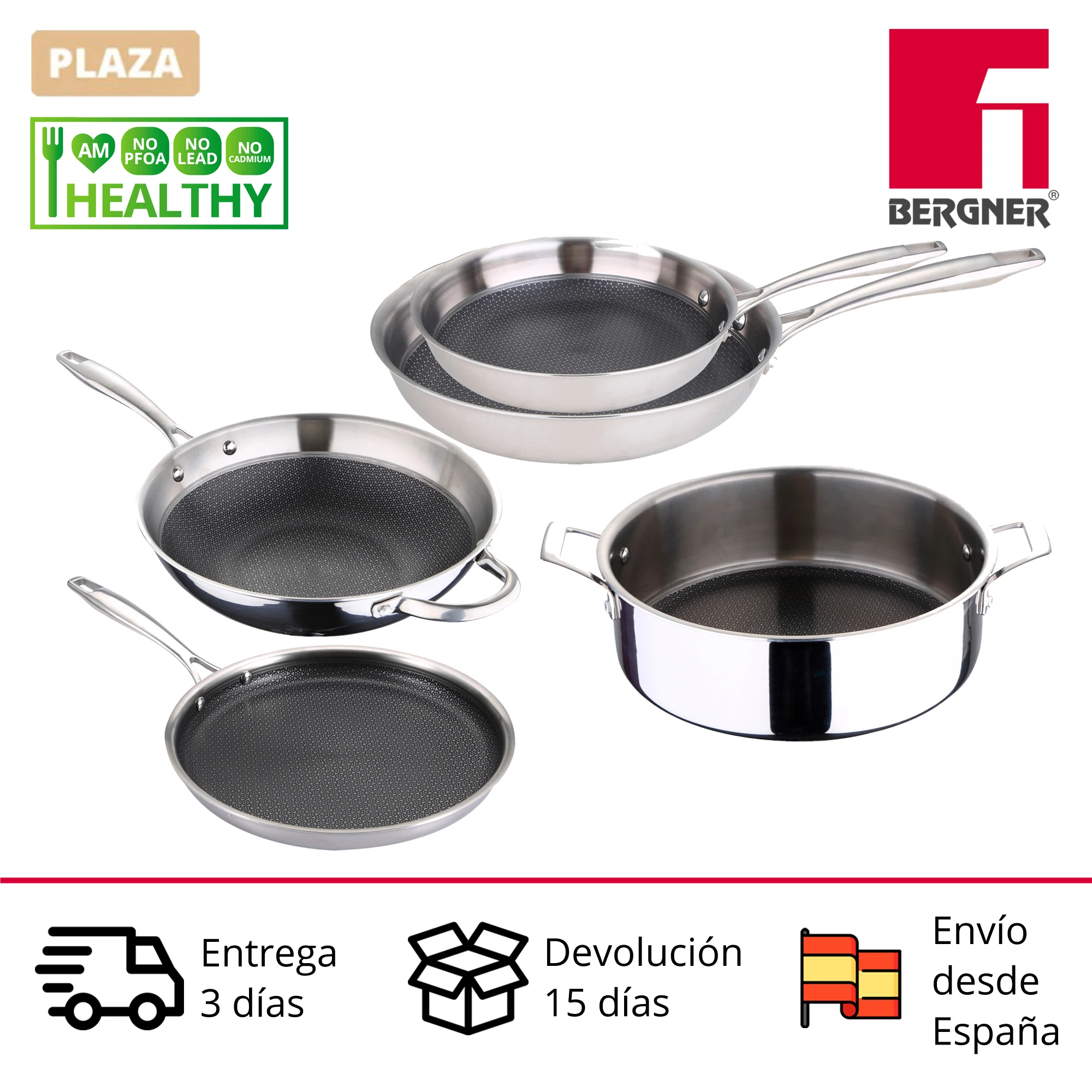 BERGNER Hi Tech3: set of various sizes of stainless steel pans, Tartars and pans. Various purchase options.