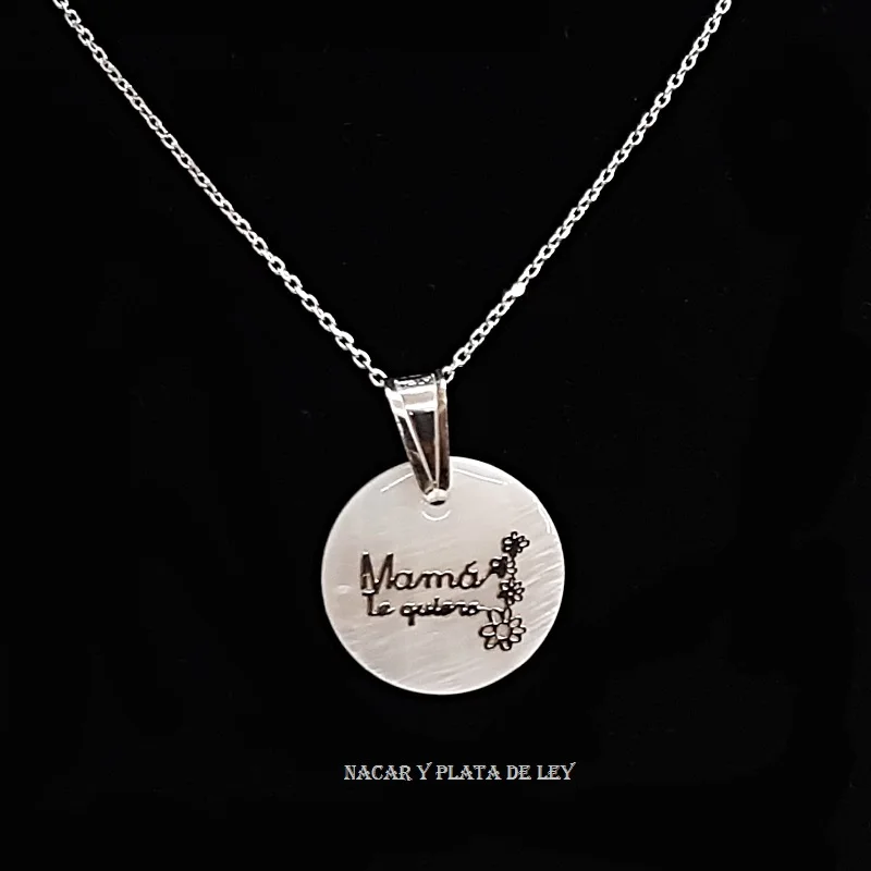 MAMA pendant necklace I want you Natural mother-of-pearl 1,8 cm + handle sterling silver and chain 925 sterling silver 40 cm