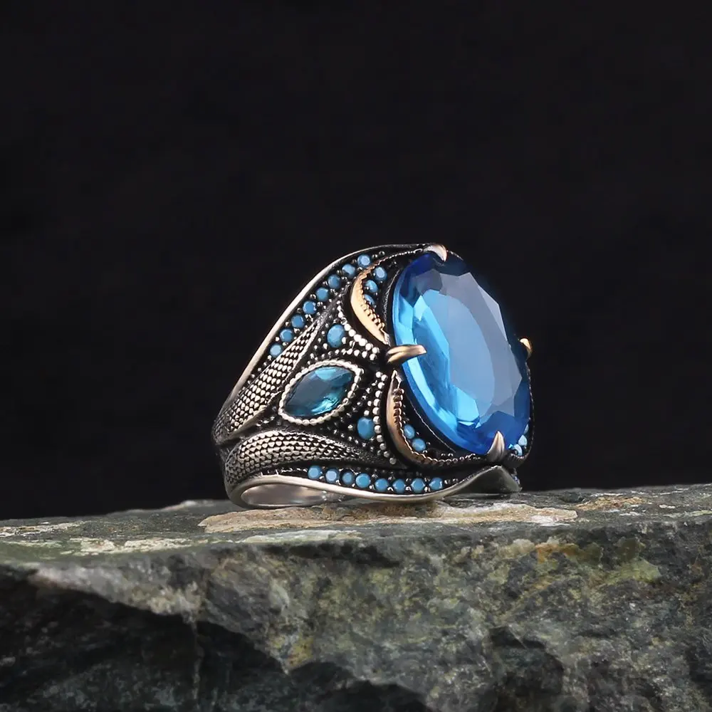 

925 Sterling MEN's Sterling Silver Ring with Marquise Blue Topaz Stone, Gift Jewelry for MEN, Real Natural Stone, Vintage, Made in Turkey Fashion Accessory Turkish Style, High Quality Original Product