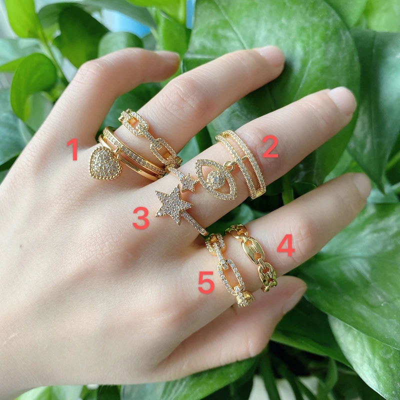 5Pcs/Lot Fashion Minimalist Zircon Star Heart Eye Adjustable Rings Jewelry for Women