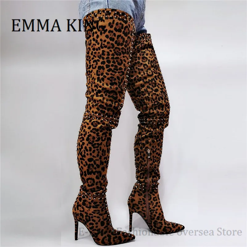 Women Leopard Print Over The Knee Boots Rivets Studs Ladies Boots Pointed Toe Faux Suede Stilettos Ladies Crotch Thigh Boots 46