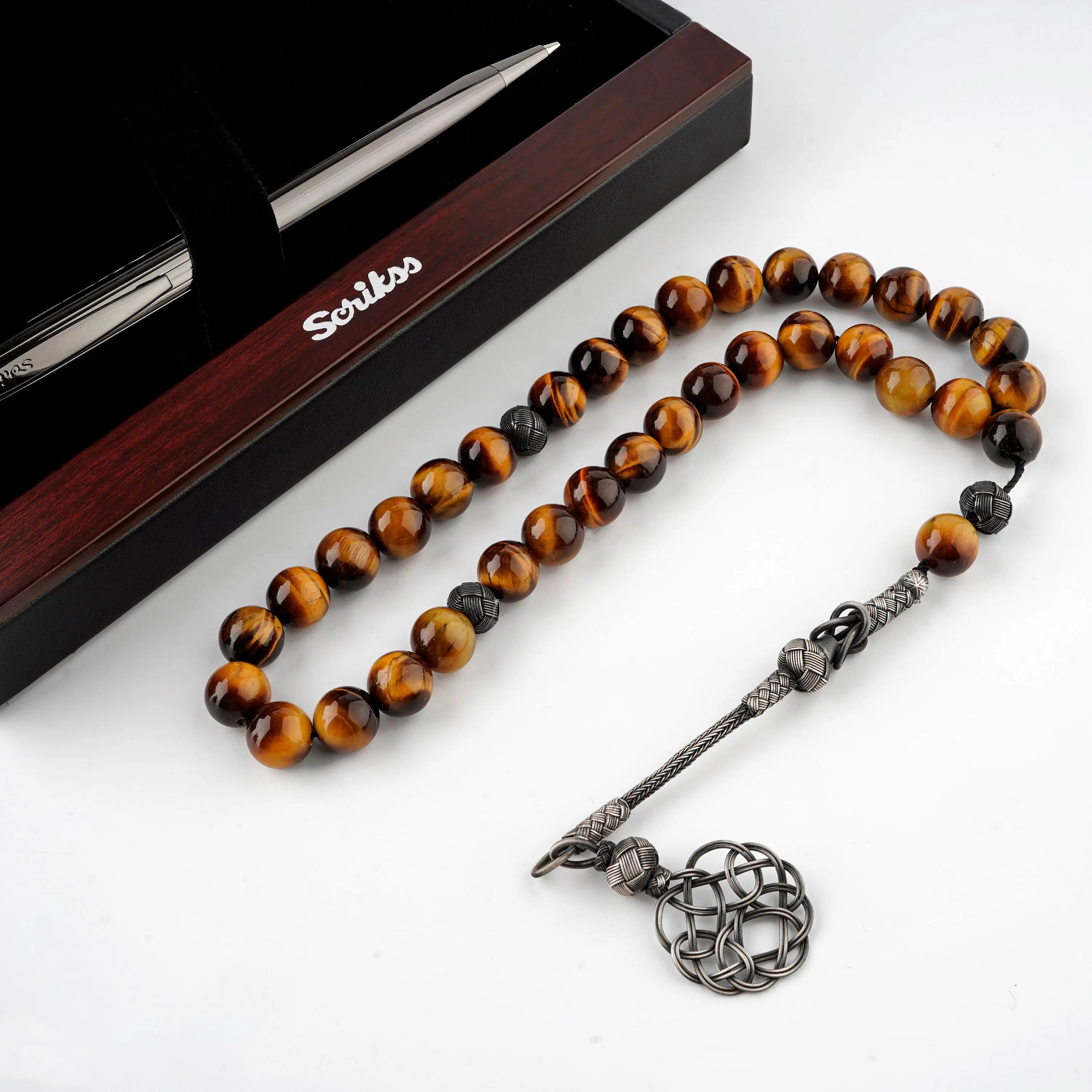 REVIST High Quality Guaranteed 1000 Trabzon Silver For Men Tassel Tiger Eyes stone 33 Pcs Rosary size 10mm color: brown, Red