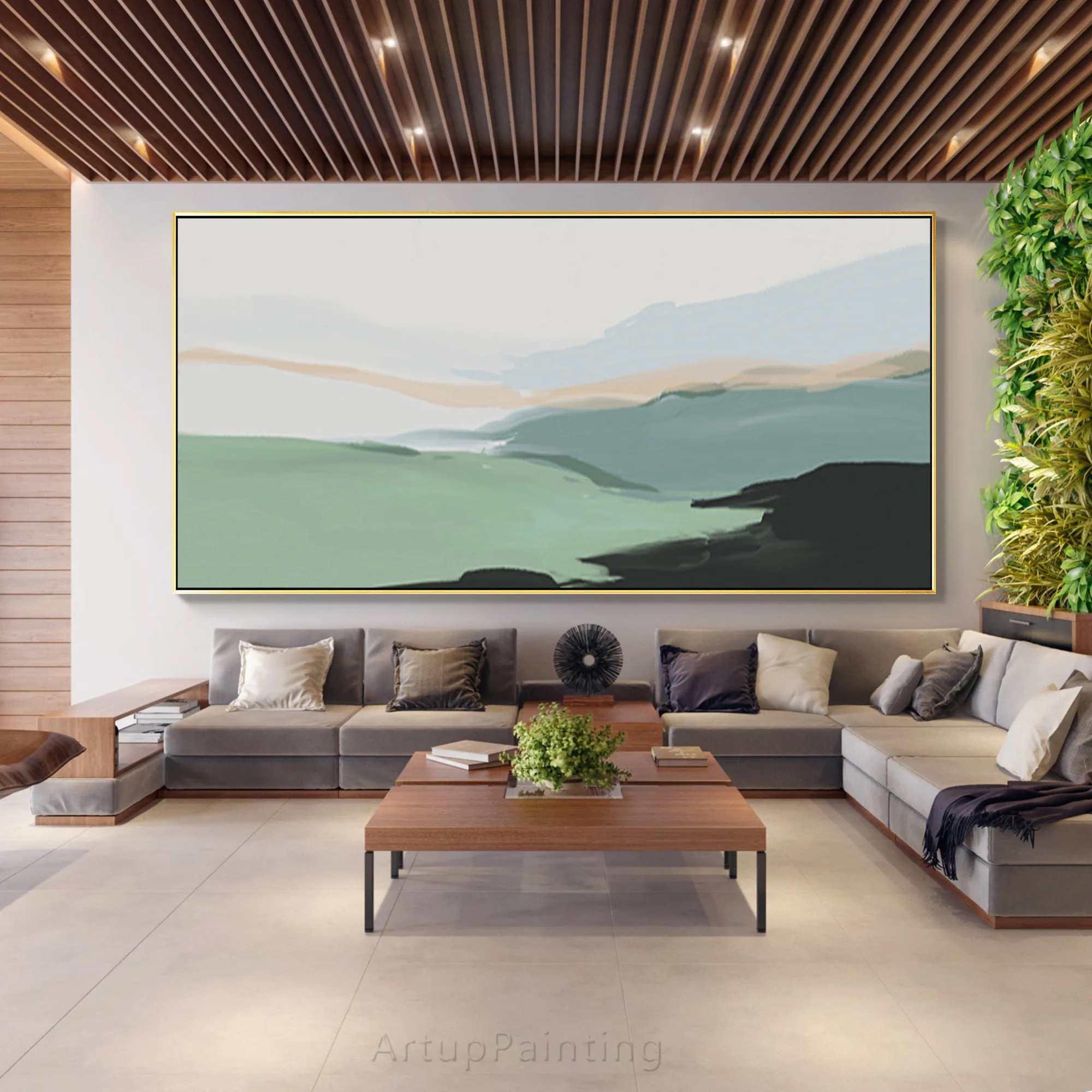 

Extra Large abstract art green mountain landscape canvas handmade minimalist oil painting acrylic wall art poster decor quadros