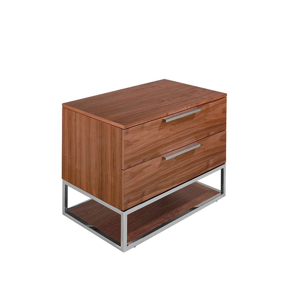 Bedside Table 7115 Angel Cerdá-bedside table with walnut-plated wood structure and drawers with chrome steel pulls. Chrome stainless steel legs structure.