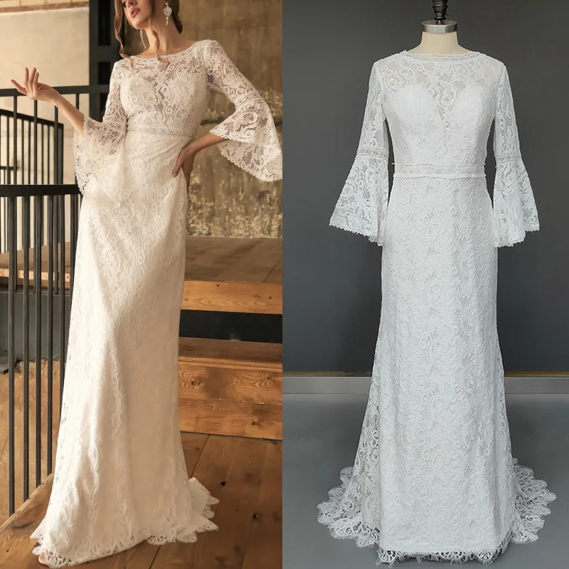 11665#Ivory O-Neck Bell Sleeve Lace Mermaid Backless Bohemian Boho Customzied Spring Summer Plus Size Wedding Dress Bridal Gown