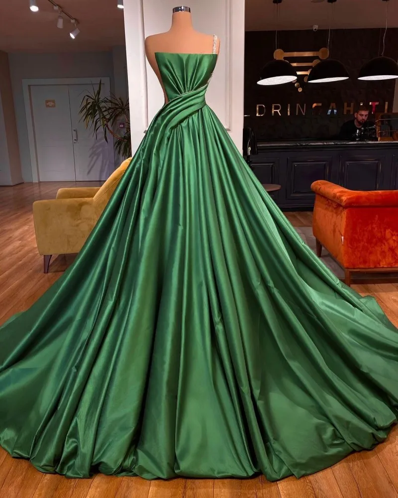 Robe de soirée longue en Satin et cristal pour femmes, ligne A, tenue de bal perlée, de luxe, verte