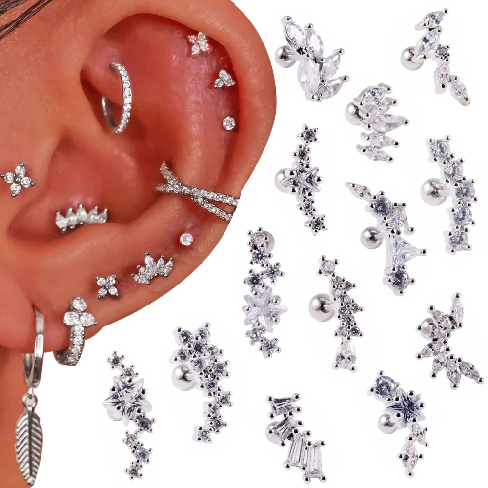 1PC Surgical Steel Cz Ear Tragus Cartilage Earrings Clear Zircon Flower Lobe Helix Earring Barbell Piercing Body Jewelry 20G