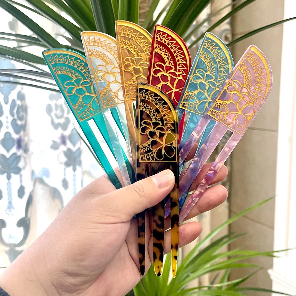 New Women Aceate Acrylic Hair Sticks With Plumeria Flowers Engraved Fashion Style Angled Shape Hair Picks With 7 Colors