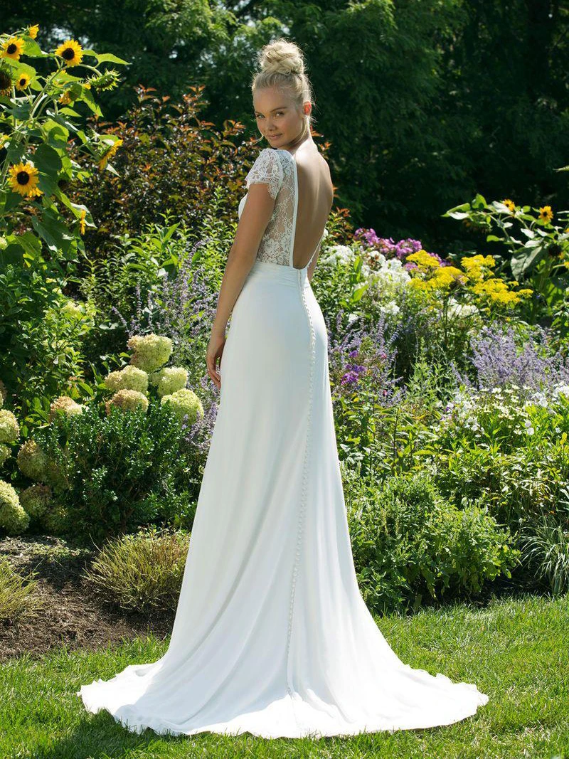 Elegant Kapmouwtjes Kant Schede Outdoor Strand Trouwjurk V-hals Chiffon Slanke Strakke Backless Rustieke Bruid Gown Custom Made