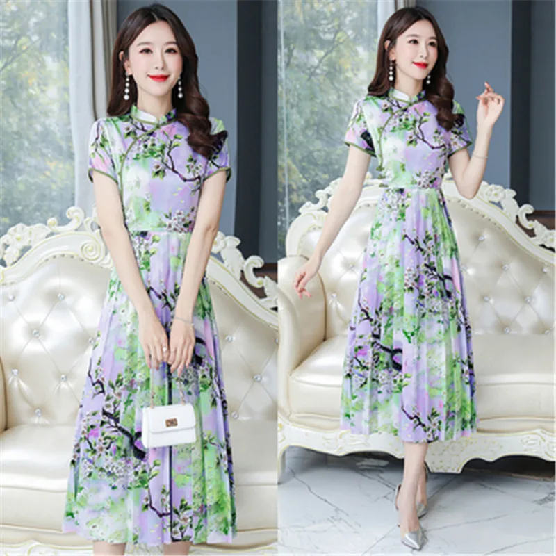 2022 Summer New Temperament new style cheongsam improved version stand-up collar short-sleeved waist was thin chiffon dress