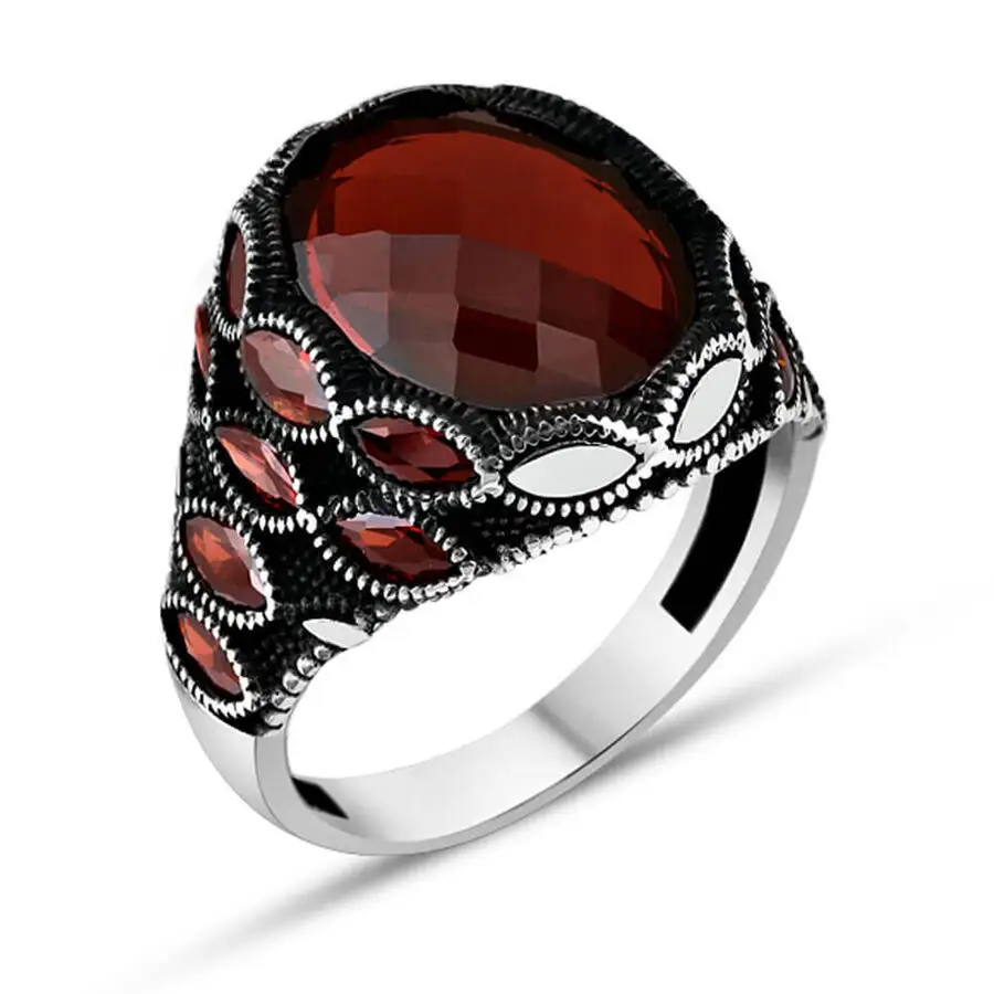 

Sides Horizontal Stone Embroidered Red Zircon Stone Silver Men's Ring Fashion Turkish Premium Quality Handmade Jawelery