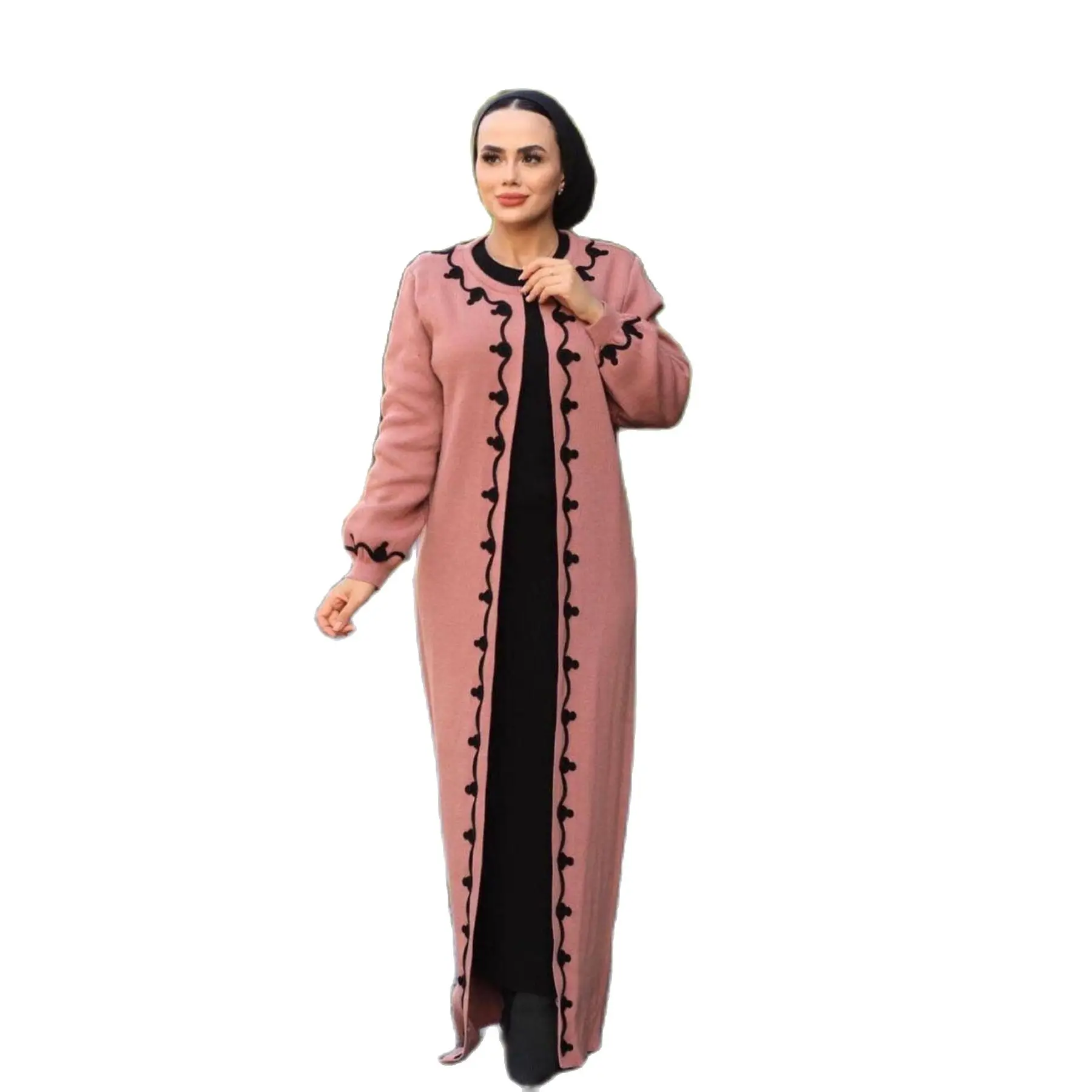 2 Piece Women\'s Set Stipes Patterned Maxi Dress and Long Sleeve Maxi Cardigan Knitted Suit Turkish Quality Muslim Clothing