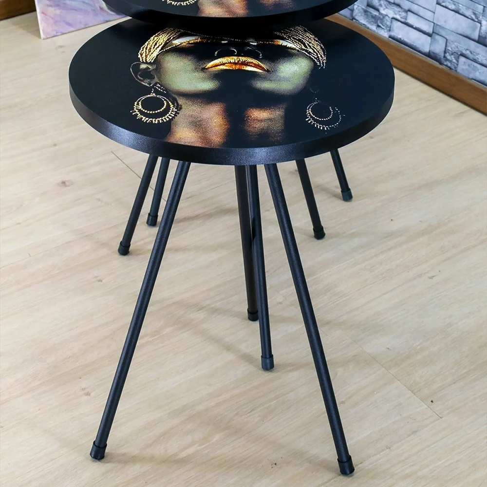 Nesting Table 3 Pieces Metal or Wood Leg Side Table Tea Coffee Service Table Round Living Room Commode, Woman Figured Table