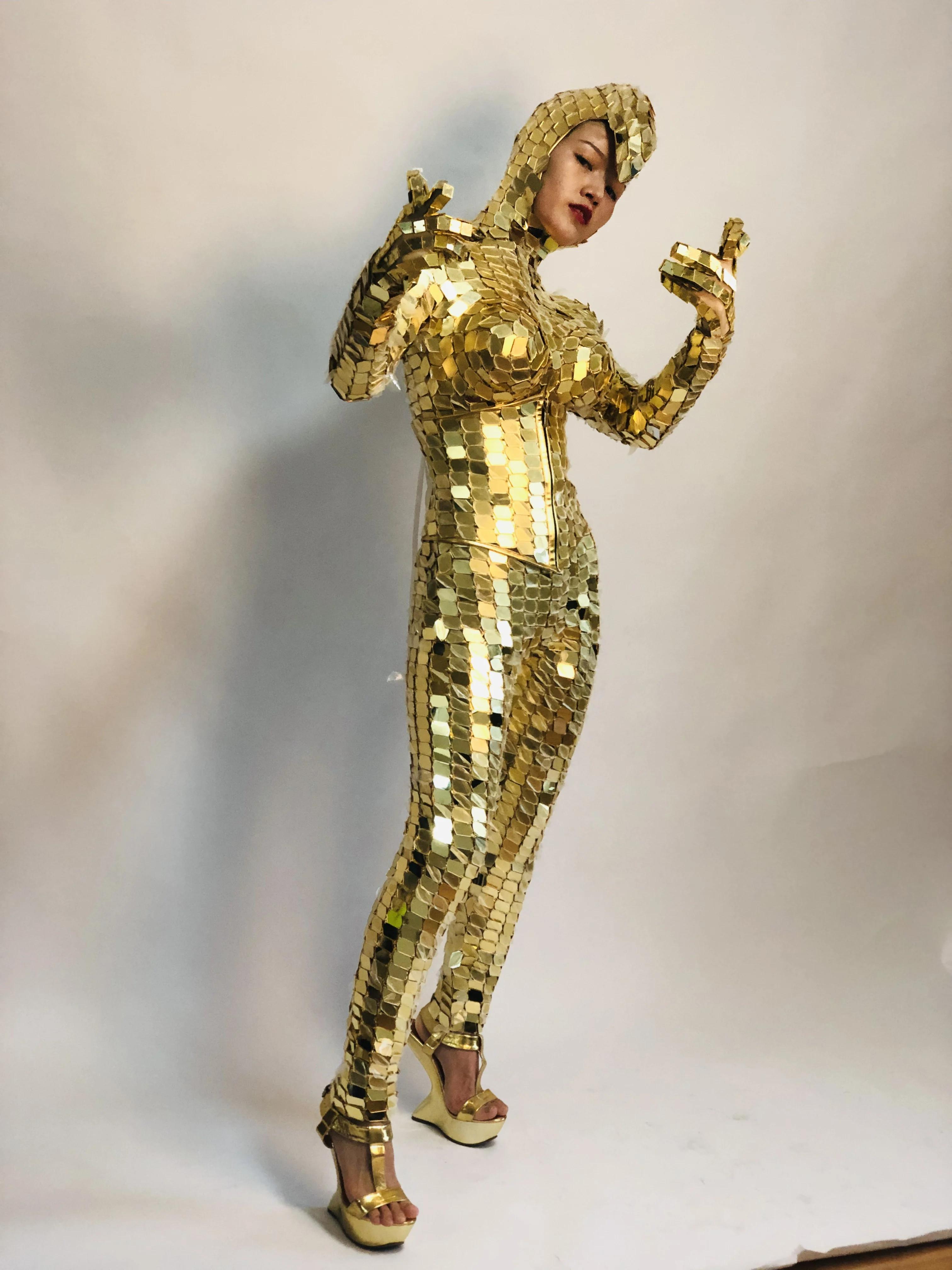 Woman Gold Mirror Costume Jumpsuit Club Party Mirror Suit Ladies GOGO Clubwear Nightlife Clothing Dance Dress Performance