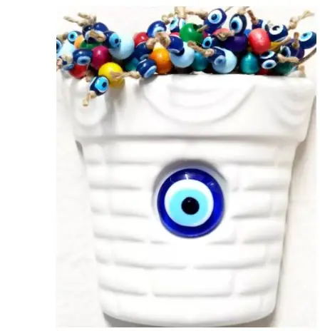 Colorful wall ornament with ceramic white flower pot evil eye bead FREE SHİPPİNG