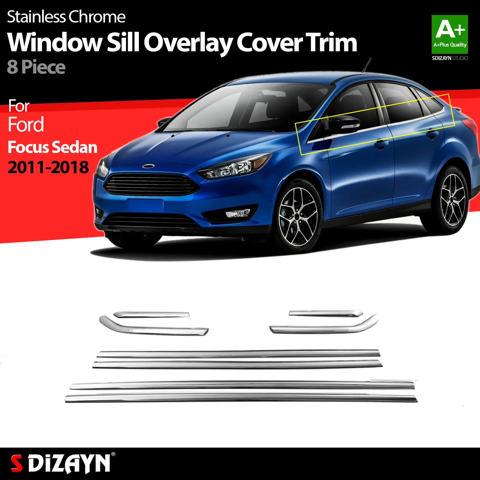 

S Dizayn For Ford Focus 3 Sedan Chrome Window Sill Overlay Cover Trim Stainless Steel 8 Pcs Exterior Car Accessories Parts Auto