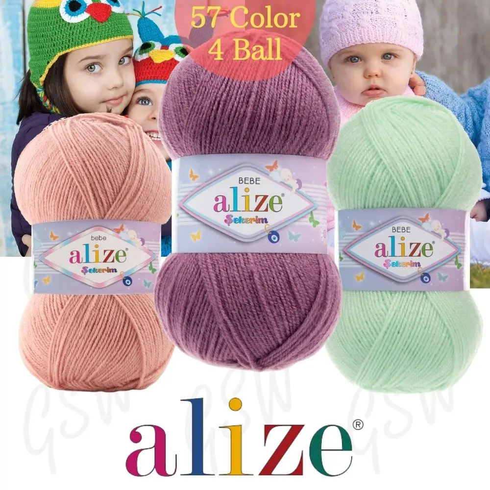 Baby Hand Knitted Yarn, Alize Sugar(SEKERIM) Bebe(BABY) - 4 Ball - Hobby - Amigurumi - DIY - Made In Turkey - Scarf - Beret - Blanket - Cardigan - Dress - High Quality - 320 Meters(100 gr) - 57 Color