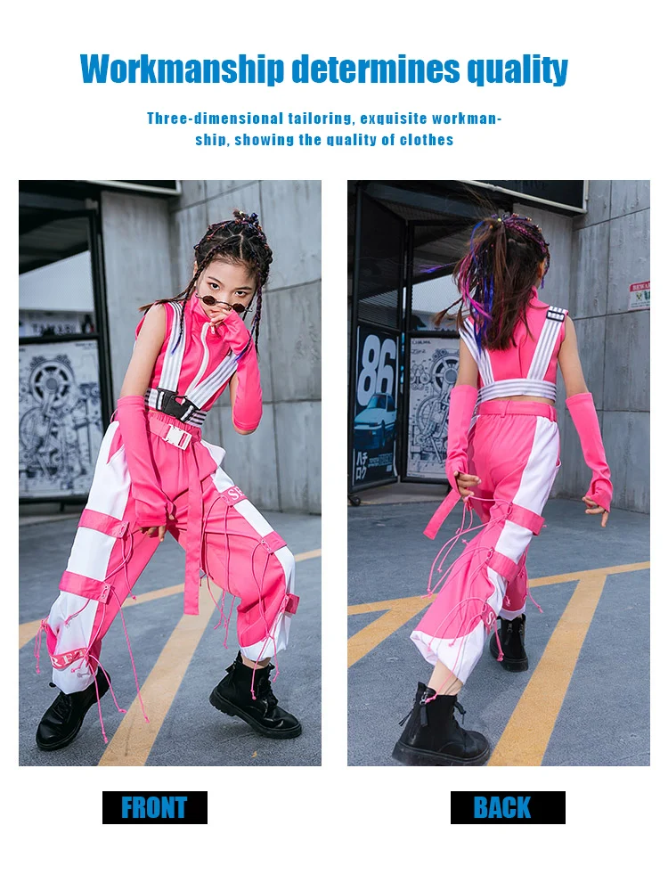 ZZL K-pop Stage Outfit for Girl Urban Dance Children Clothes 4 Pcs White and Pink Costume Jazz Hip-hop Street Dance Show Wear