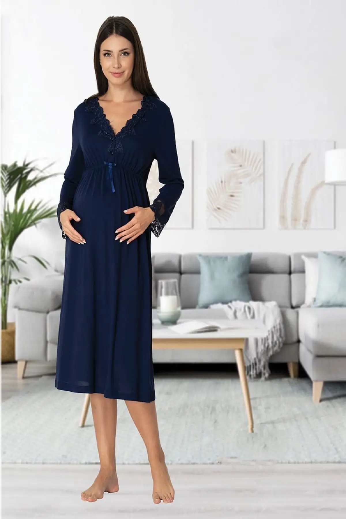 Women's Navy Blue Long Sleeve Pajamas Set Nightgown Dressing Gown Puerperal Maternity 4'lü Set